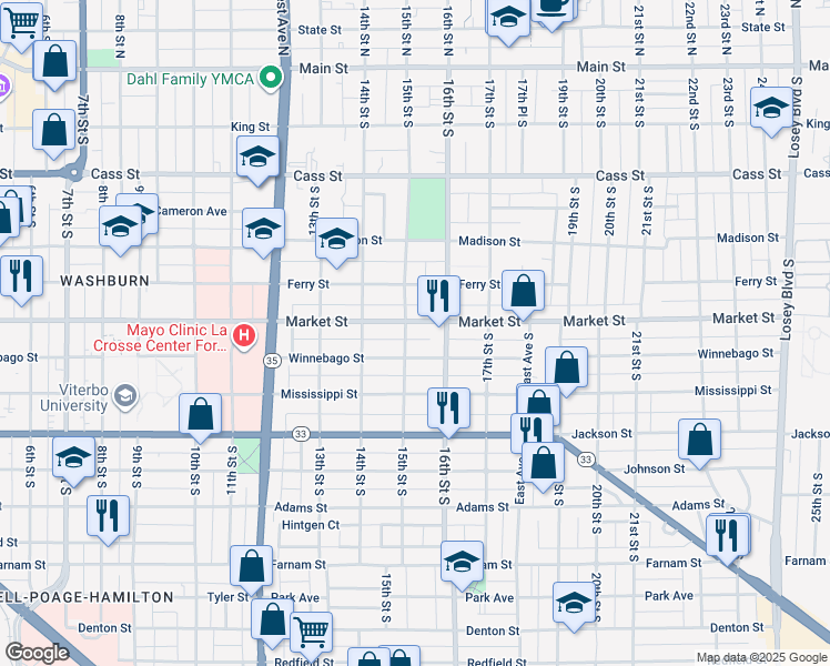 map of restaurants, bars, coffee shops, grocery stores, and more near 1436 Market Street in La Crosse