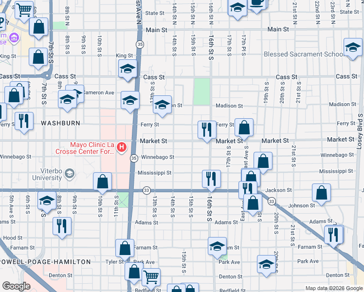 map of restaurants, bars, coffee shops, grocery stores, and more near 1436 Market Street in La Crosse