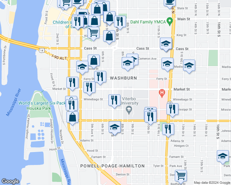 map of restaurants, bars, coffee shops, grocery stores, and more near 702 8th Street South in La Crosse