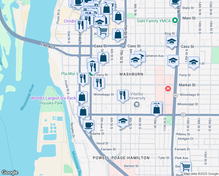 map of restaurants, bars, coffee shops, grocery stores, and more near 510 Market Street in La Crosse