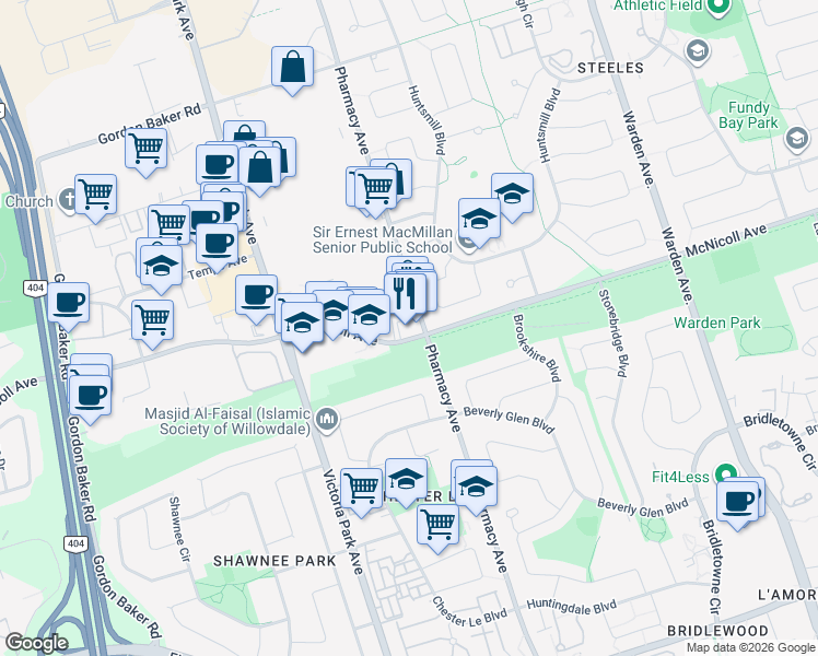 map of restaurants, bars, coffee shops, grocery stores, and more near 3330 Pharmacy Avenue in Toronto