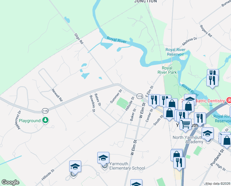 map of restaurants, bars, coffee shops, grocery stores, and more near 106 West Main Street in Yarmouth
