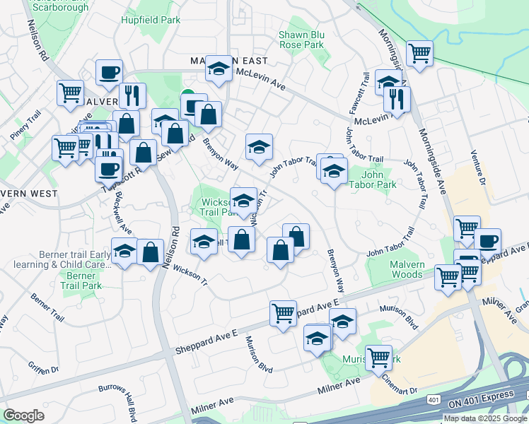 map of restaurants, bars, coffee shops, grocery stores, and more near Wickson Trail in Toronto