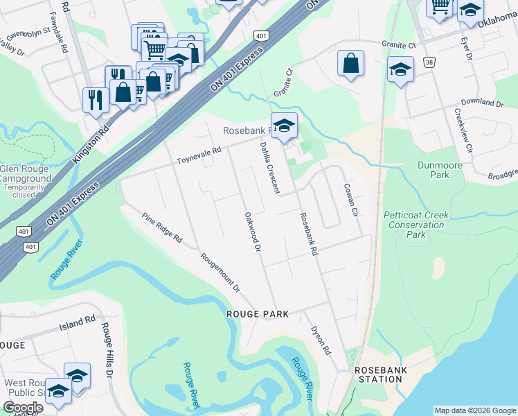 map of restaurants, bars, coffee shops, grocery stores, and more near 520 McLeod Crescent in Pickering