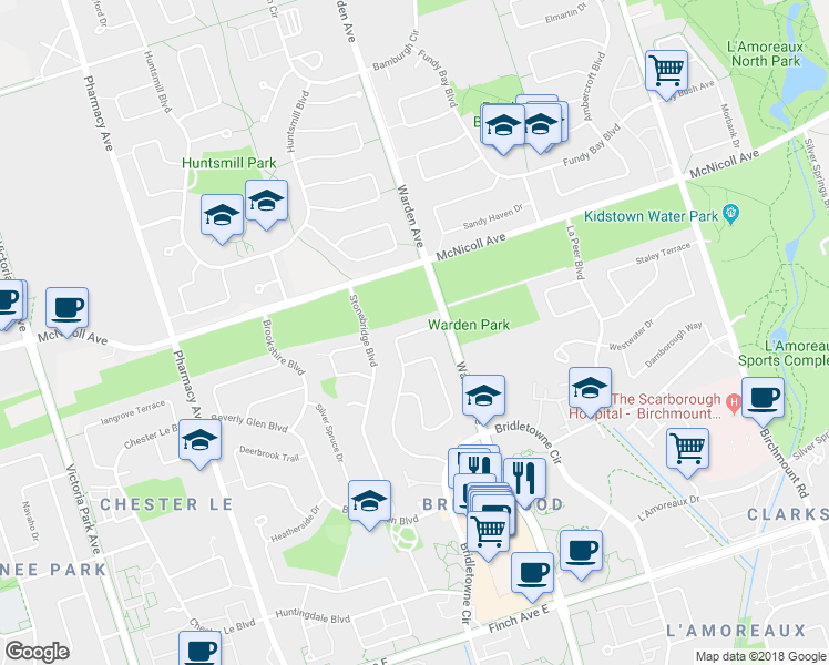 map of restaurants, bars, coffee shops, grocery stores, and more near 160 Glen Springs Drive in Toronto
