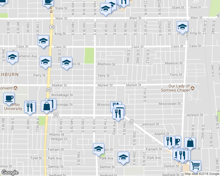 map of restaurants, bars, coffee shops, grocery stores, and more near 1714 Market Street in La Crosse