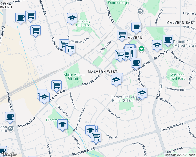 map of restaurants, bars, coffee shops, grocery stores, and more near 197 McLevin Avenue in Toronto
