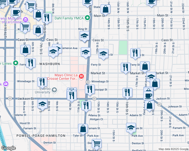 map of restaurants, bars, coffee shops, grocery stores, and more near 705 West Avenue South in La Crosse