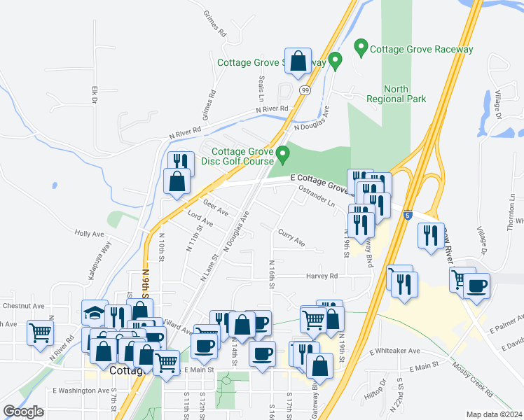 map of restaurants, bars, coffee shops, grocery stores, and more near 1543 East Chamberlain Avenue in Cottage Grove