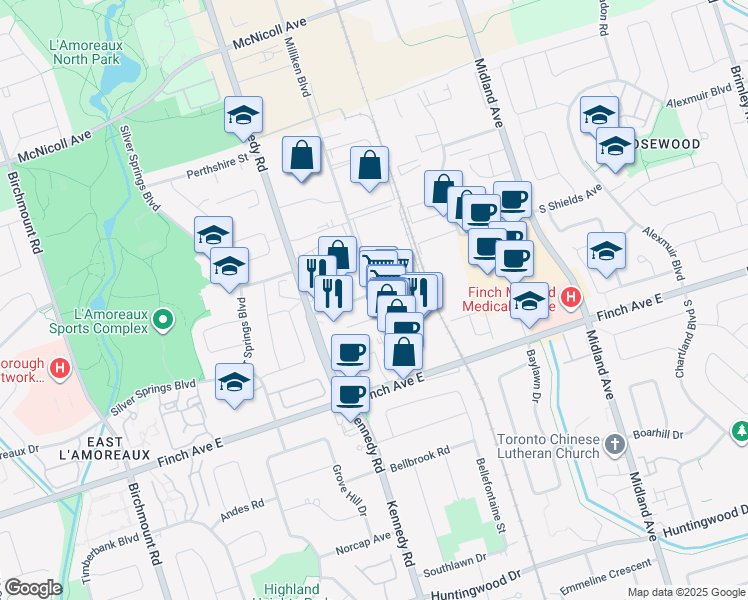 map of restaurants, bars, coffee shops, grocery stores, and more near 25 Milliken Boulevard in Toronto