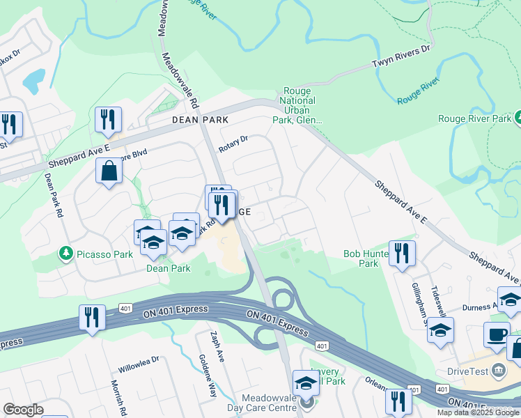 map of restaurants, bars, coffee shops, grocery stores, and more near 45 Generation Boulevard in Toronto
