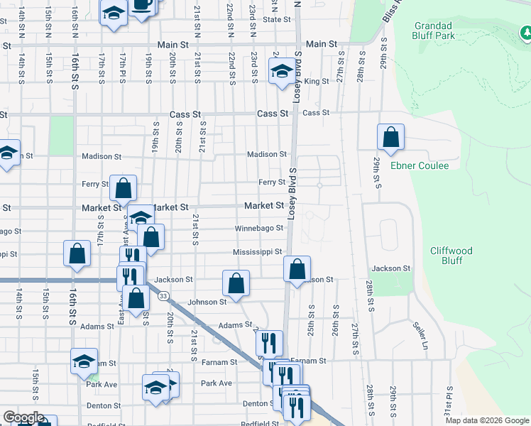 map of restaurants, bars, coffee shops, grocery stores, and more near 2308 Market Street in La Crosse