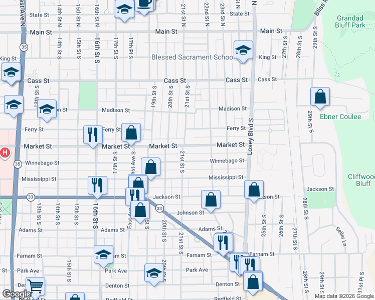map of restaurants, bars, coffee shops, grocery stores, and more near 2030 Market Street in La Crosse