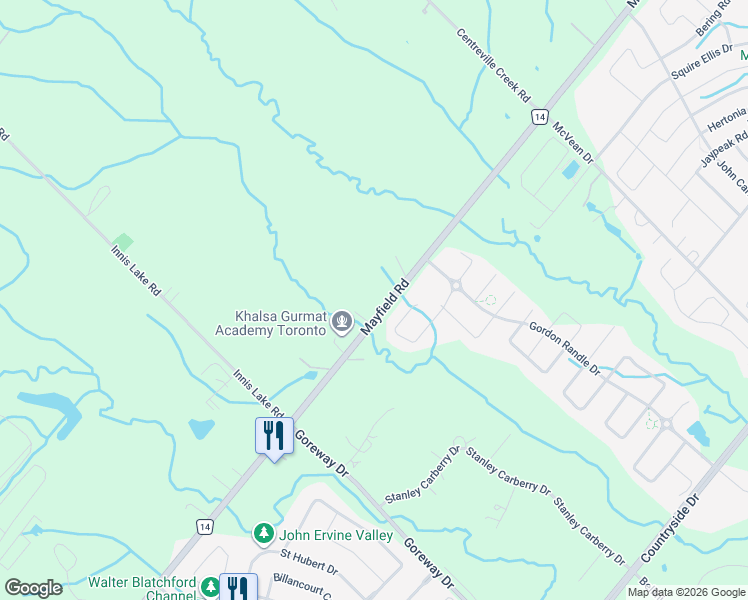 map of restaurants, bars, coffee shops, grocery stores, and more near 6716 Peel Regional Road 14 in Brampton