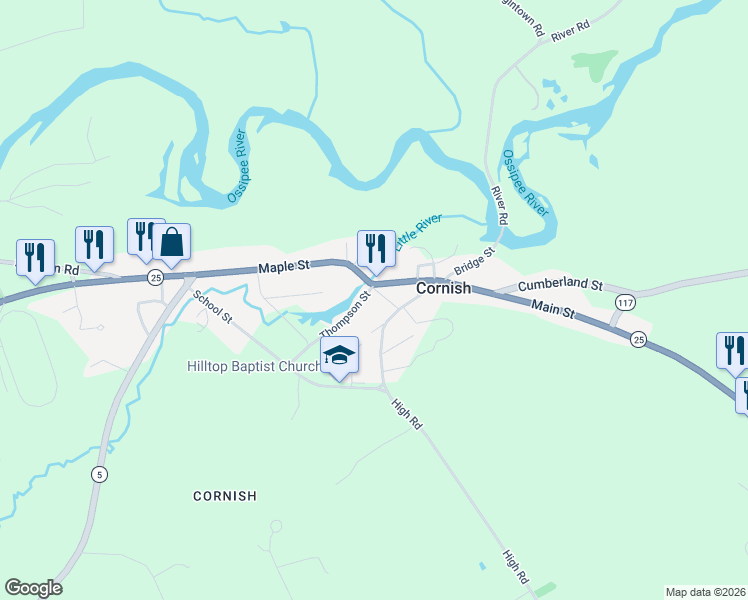 map of restaurants, bars, coffee shops, grocery stores, and more near 5 Fiddle Lane in Cornish