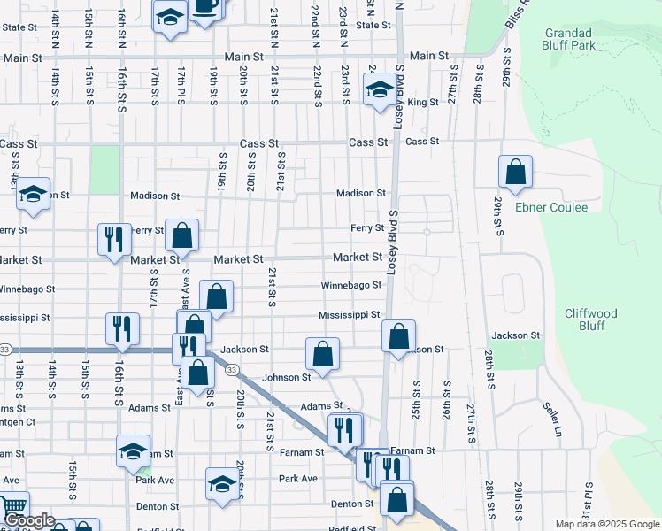 map of restaurants, bars, coffee shops, grocery stores, and more near 2206 Market Street in La Crosse