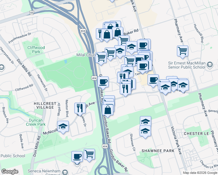 map of restaurants, bars, coffee shops, grocery stores, and more near 155 Gordon Baker Road in Toronto