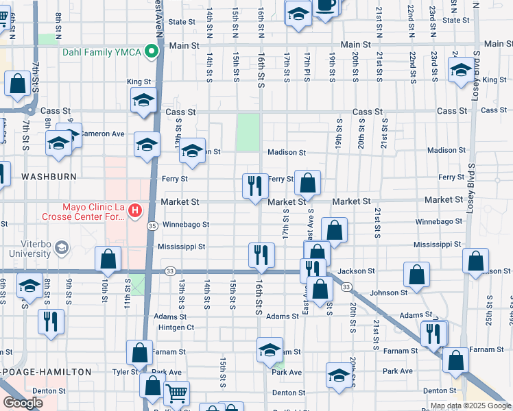 map of restaurants, bars, coffee shops, grocery stores, and more near 1532 Market St in La Crosse