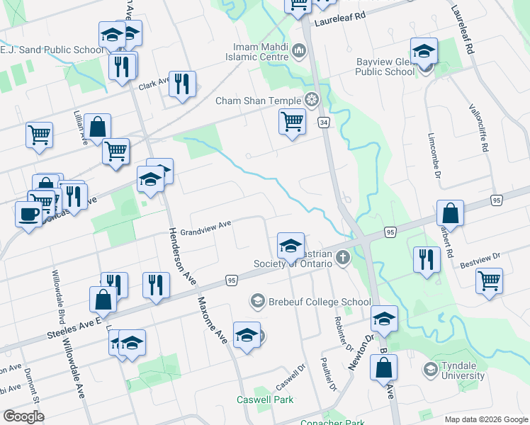 map of restaurants, bars, coffee shops, grocery stores, and more near 2 Pinevale Road in Markham