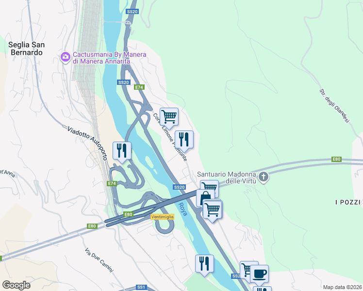 map of restaurants, bars, coffee shops, grocery stores, and more near 86A Corso Limone Piemonte in Ventimiglia
