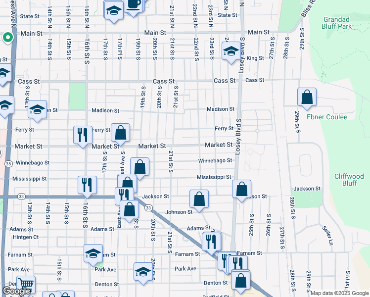 map of restaurants, bars, coffee shops, grocery stores, and more near 2128 Market Street in La Crosse