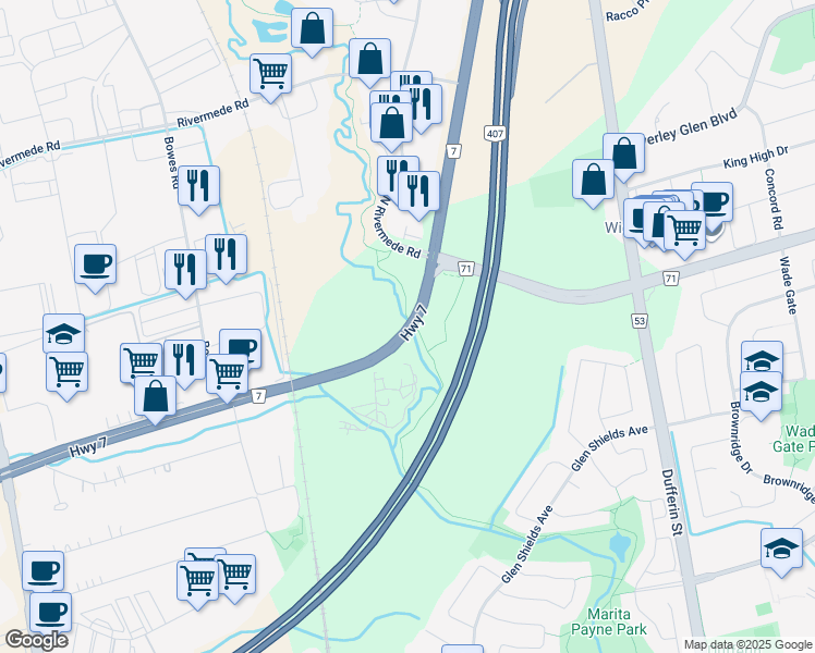 map of restaurants, bars, coffee shops, grocery stores, and more near 1754 Highway 7 in Vaughan