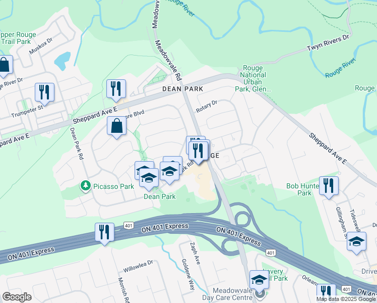 map of restaurants, bars, coffee shops, grocery stores, and more near 30 Dean Park Road in Toronto