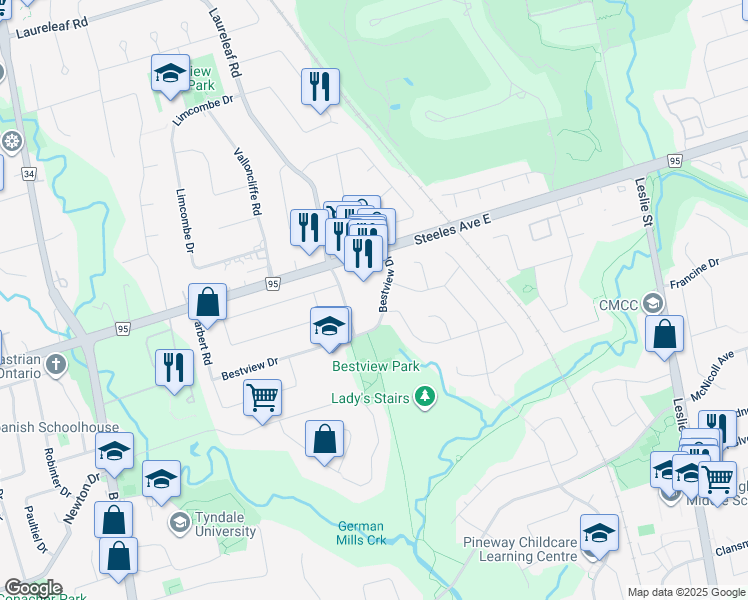map of restaurants, bars, coffee shops, grocery stores, and more near 150 Bestview Drive in Toronto