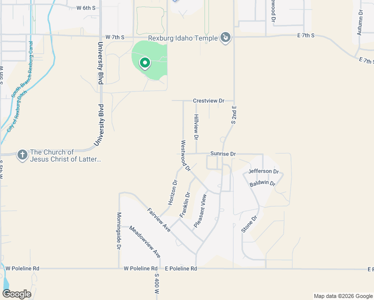 map of restaurants, bars, coffee shops, grocery stores, and more near 1020 Hillview Drive in Rexburg