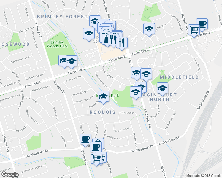 map of restaurants, bars, coffee shops, grocery stores, and more near 319 Chartland Boulevard South in Toronto