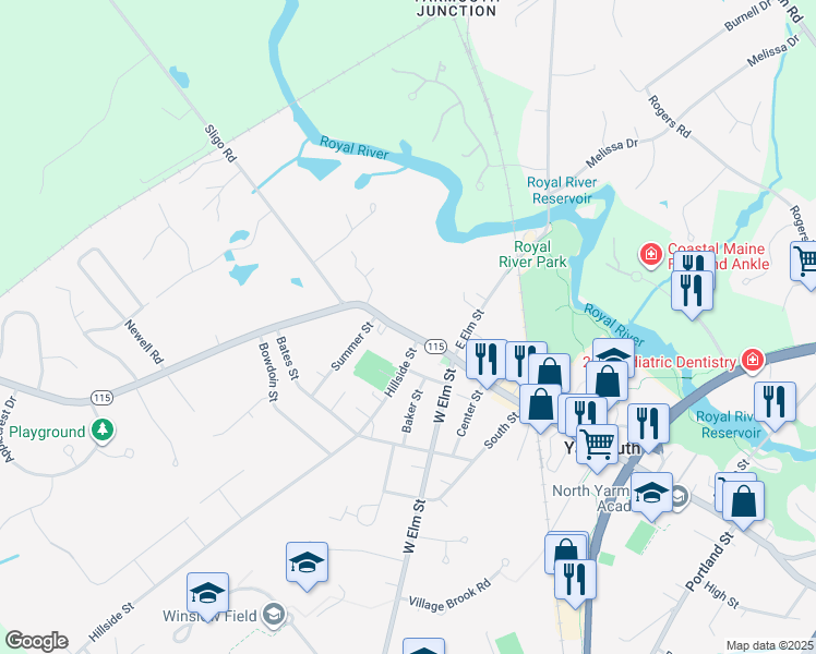 map of restaurants, bars, coffee shops, grocery stores, and more near 43 West Main Street in Yarmouth