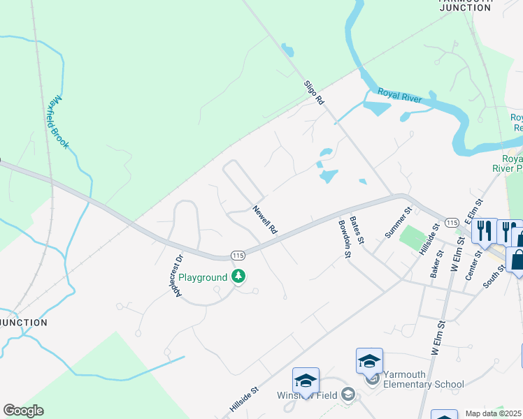 map of restaurants, bars, coffee shops, grocery stores, and more near 41 Newell Road in Yarmouth