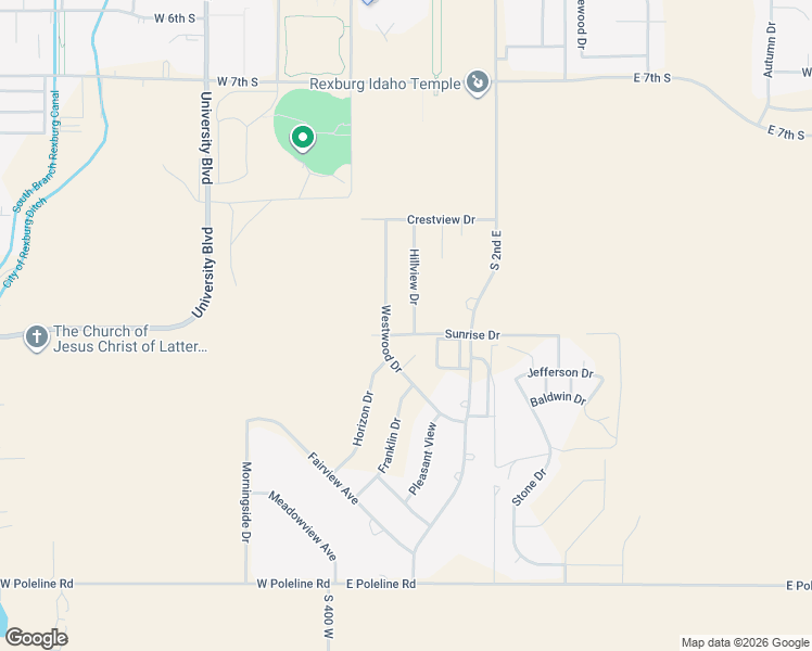 map of restaurants, bars, coffee shops, grocery stores, and more near 1020 Hillview Drive in Rexburg