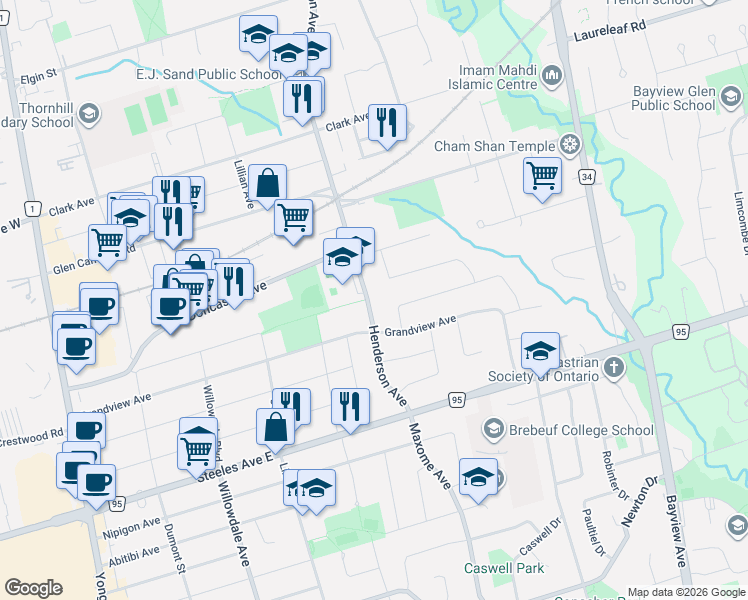 map of restaurants, bars, coffee shops, grocery stores, and more near 55 Henderson Avenue in Markham