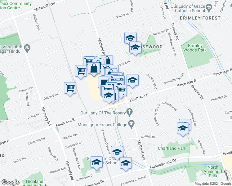 map of restaurants, bars, coffee shops, grocery stores, and more near 4188 Finch Avenue East in Toronto