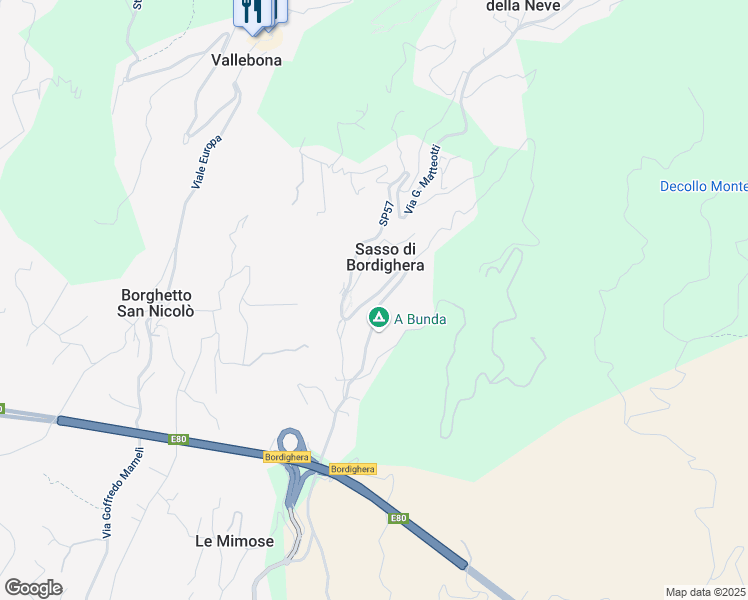 map of restaurants, bars, coffee shops, grocery stores, and more near 125 Via Generale Vincenzo Rossi in Sasso di Bordighera