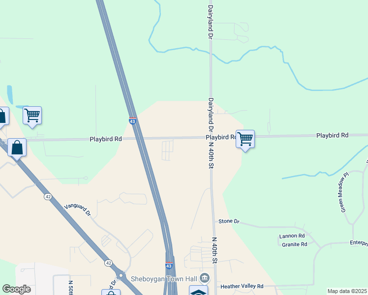 map of restaurants, bars, coffee shops, grocery stores, and more near 4117 Playbird Road in Sheboygan