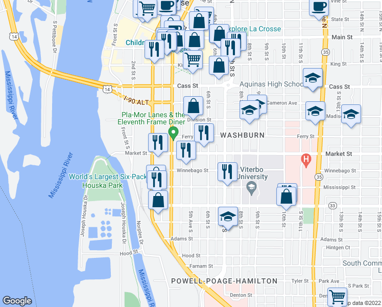map of restaurants, bars, coffee shops, grocery stores, and more near 501 Market Street in La Crosse