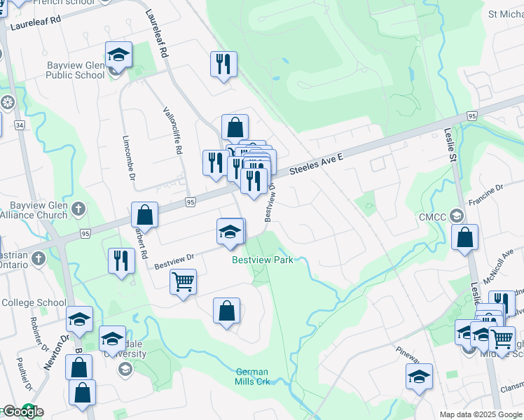map of restaurants, bars, coffee shops, grocery stores, and more near 154 Bestview Drive in Toronto