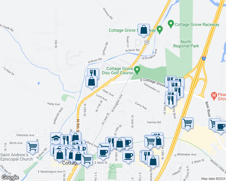 map of restaurants, bars, coffee shops, grocery stores, and more near 1115 East Chamberlain Avenue in Cottage Grove