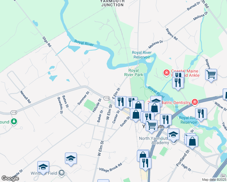 map of restaurants, bars, coffee shops, grocery stores, and more near 16 East Elm Street in Yarmouth