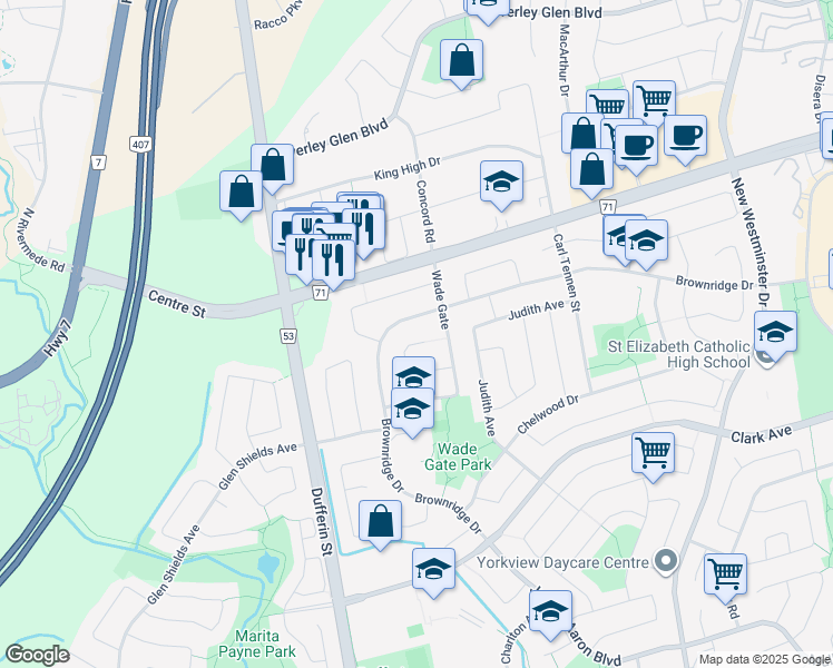 map of restaurants, bars, coffee shops, grocery stores, and more near in Vaughan