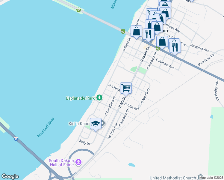 map of restaurants, bars, coffee shops, grocery stores, and more near 218 West 12th Avenue in Chamberlain