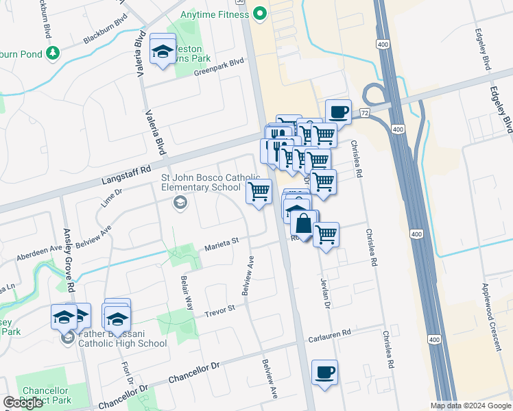 map of restaurants, bars, coffee shops, grocery stores, and more near 76 Dante Court in Vaughan