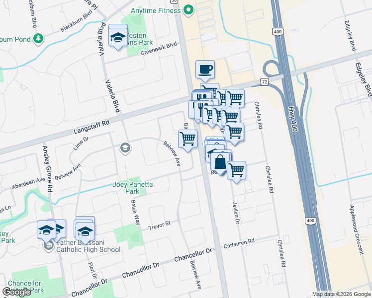 map of restaurants, bars, coffee shops, grocery stores, and more near 76 Dante Court in Vaughan