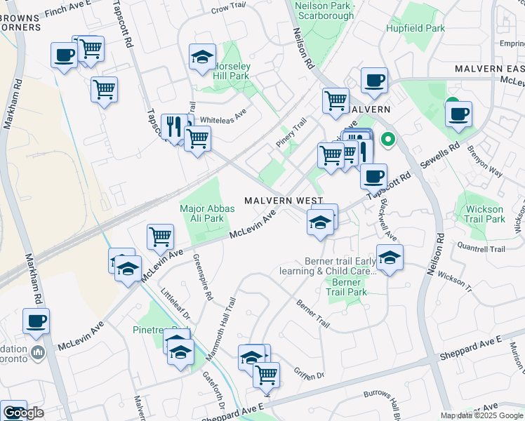map of restaurants, bars, coffee shops, grocery stores, and more near 200 McLevin Avenue in Toronto