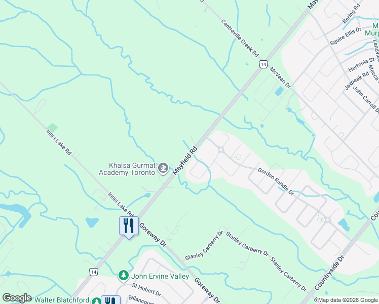 map of restaurants, bars, coffee shops, grocery stores, and more near 6716 Peel Regional Road 14 in Brampton