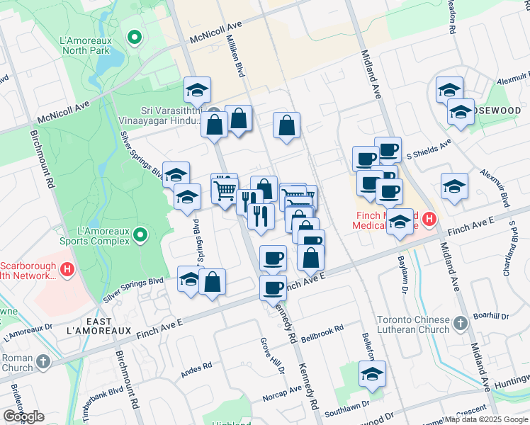 map of restaurants, bars, coffee shops, grocery stores, and more near 12 Trojan Gate in Toronto
