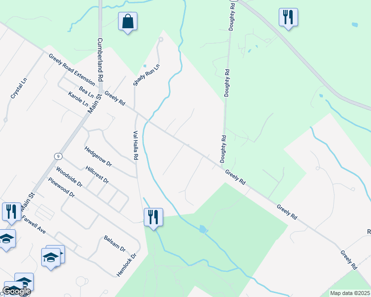 map of restaurants, bars, coffee shops, grocery stores, and more near 292 Greely Road in Cumberland
