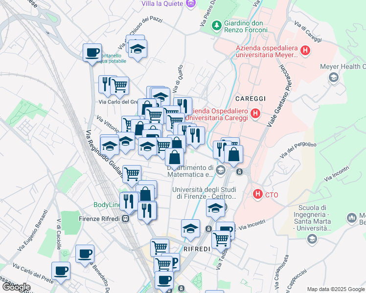 map of restaurants, bars, coffee shops, grocery stores, and more near 21 Via Giulio Caccini in Florence